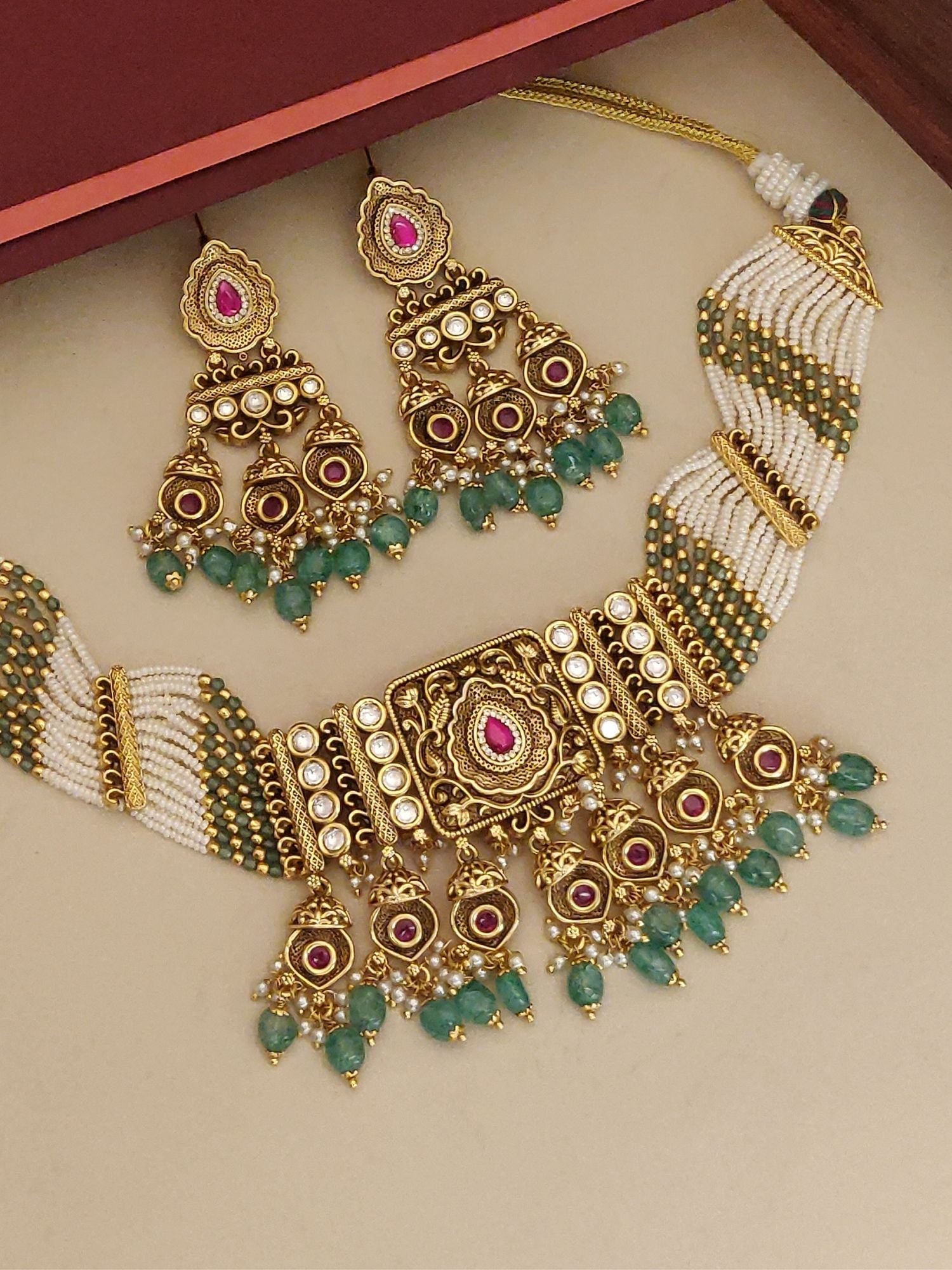 Kundan Gold Plated Necklace Set with Detailed Design and Matching Earrings