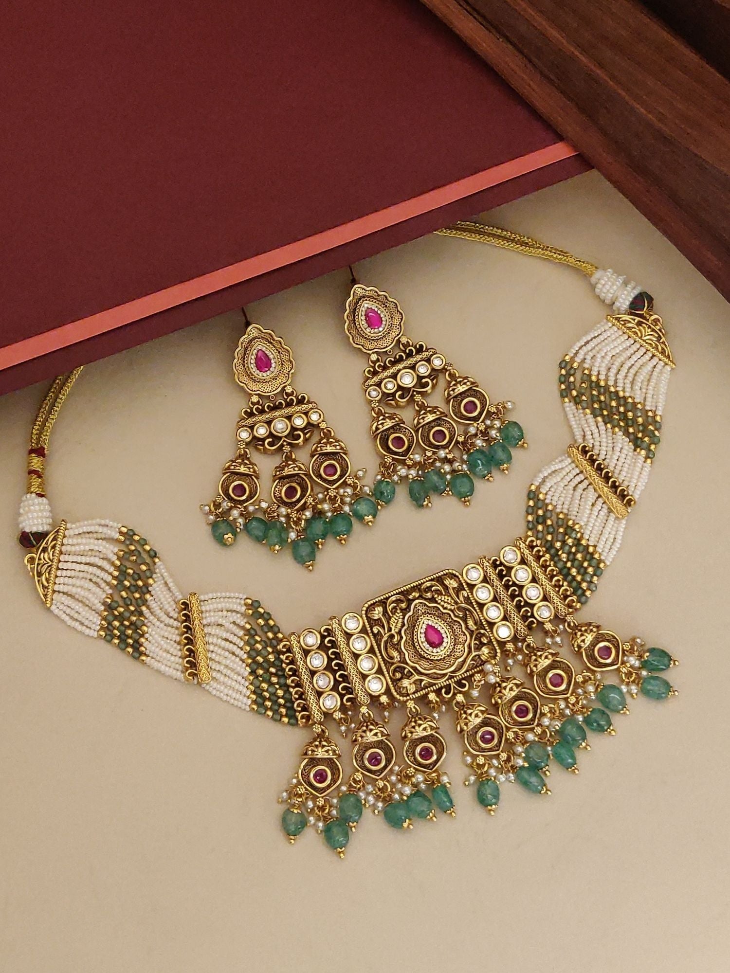 Kundan Gold Plated Necklace Set with intricate design and complementary earrings featuring green beads