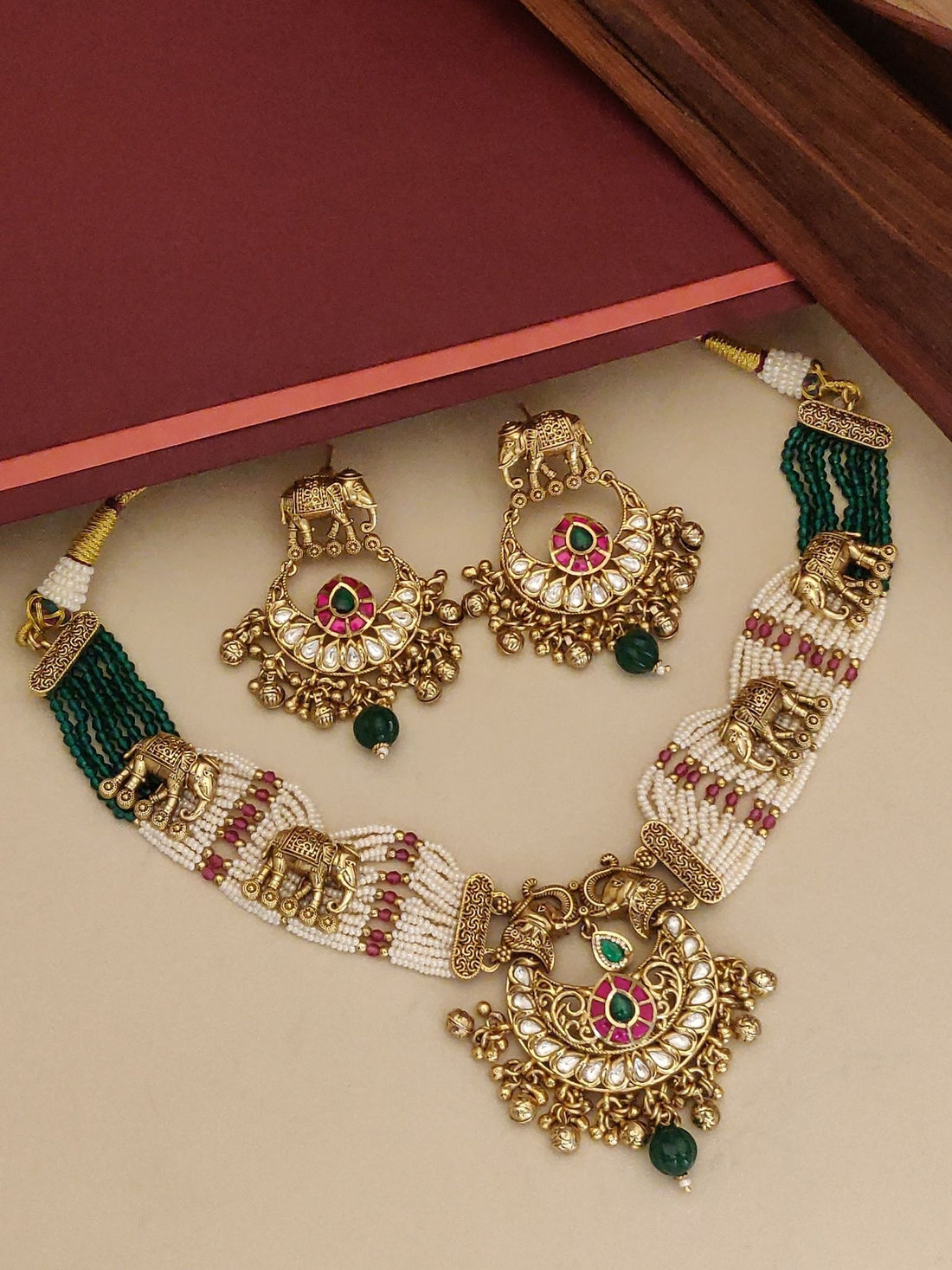 Kundan Gold Plated Necklace Set featuring colorful stones and intricate elephant designs