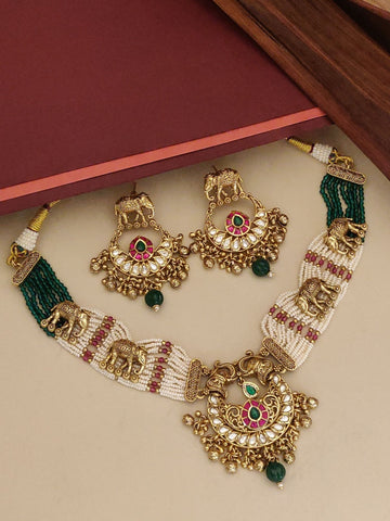Kundan Gold Plated Necklace Set featuring colorful stones and intricate elephant designs