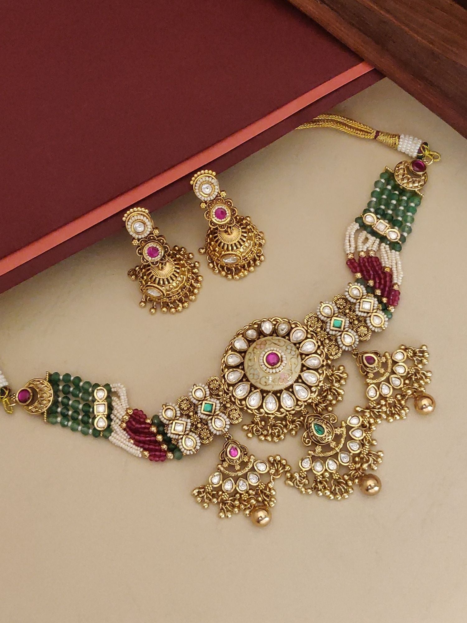 Kundan Gold Plated Necklace Set with intricate design and matching earrings for traditional occasions