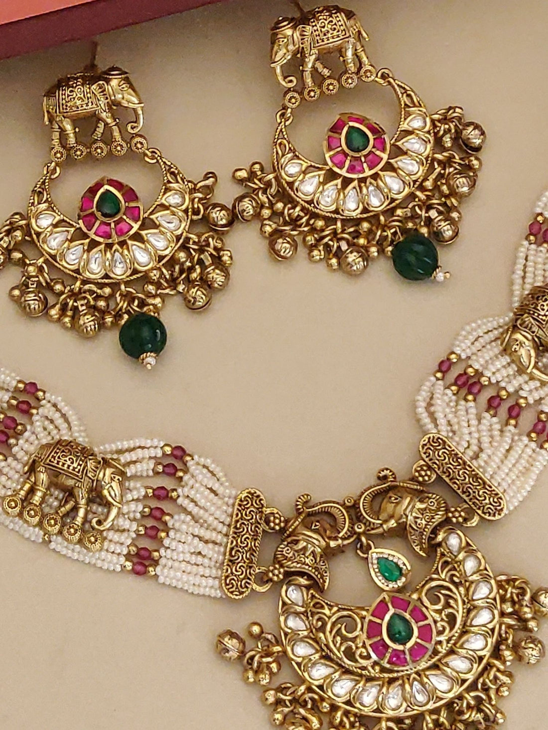 Kundan Gold Plated Necklace Set featuring colorful stones and intricate elephant designs