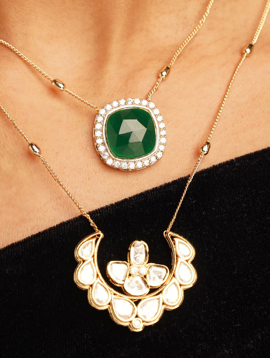 Layer Gold Plated Green Necklace Set with green gemstone and intricate gold pendant on model