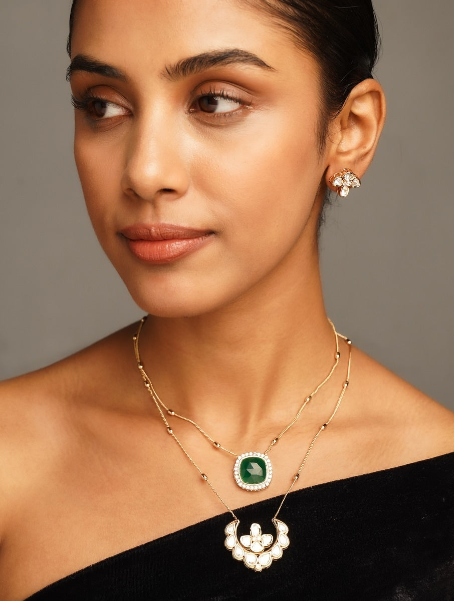 Layer Gold Plated Green Necklace Set by Abdesignsjewellery worn on a model with matching earrings