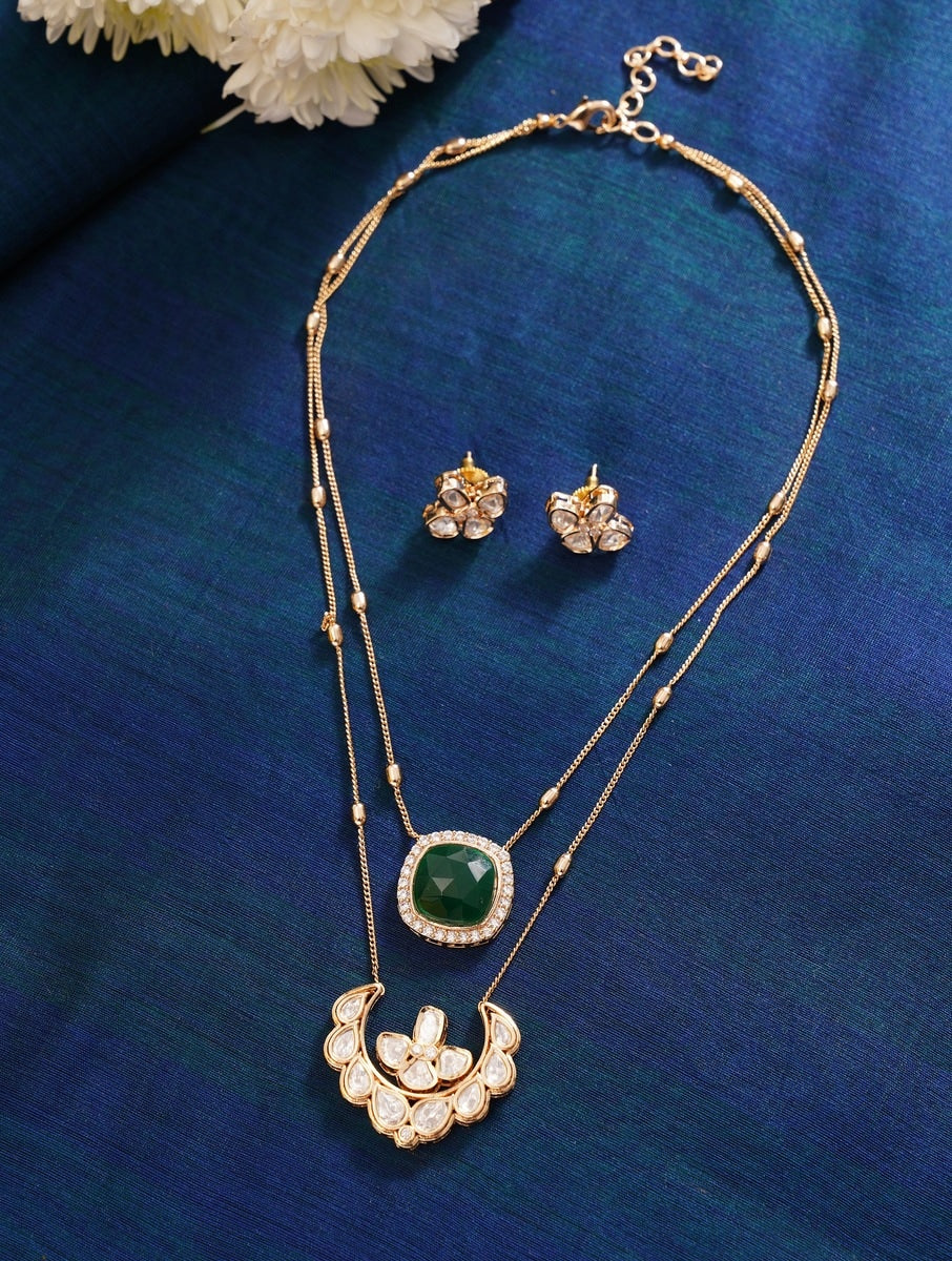 Layer Gold Plated Green Necklace Set with two pendants and matching earrings by Abdesignsjewellery