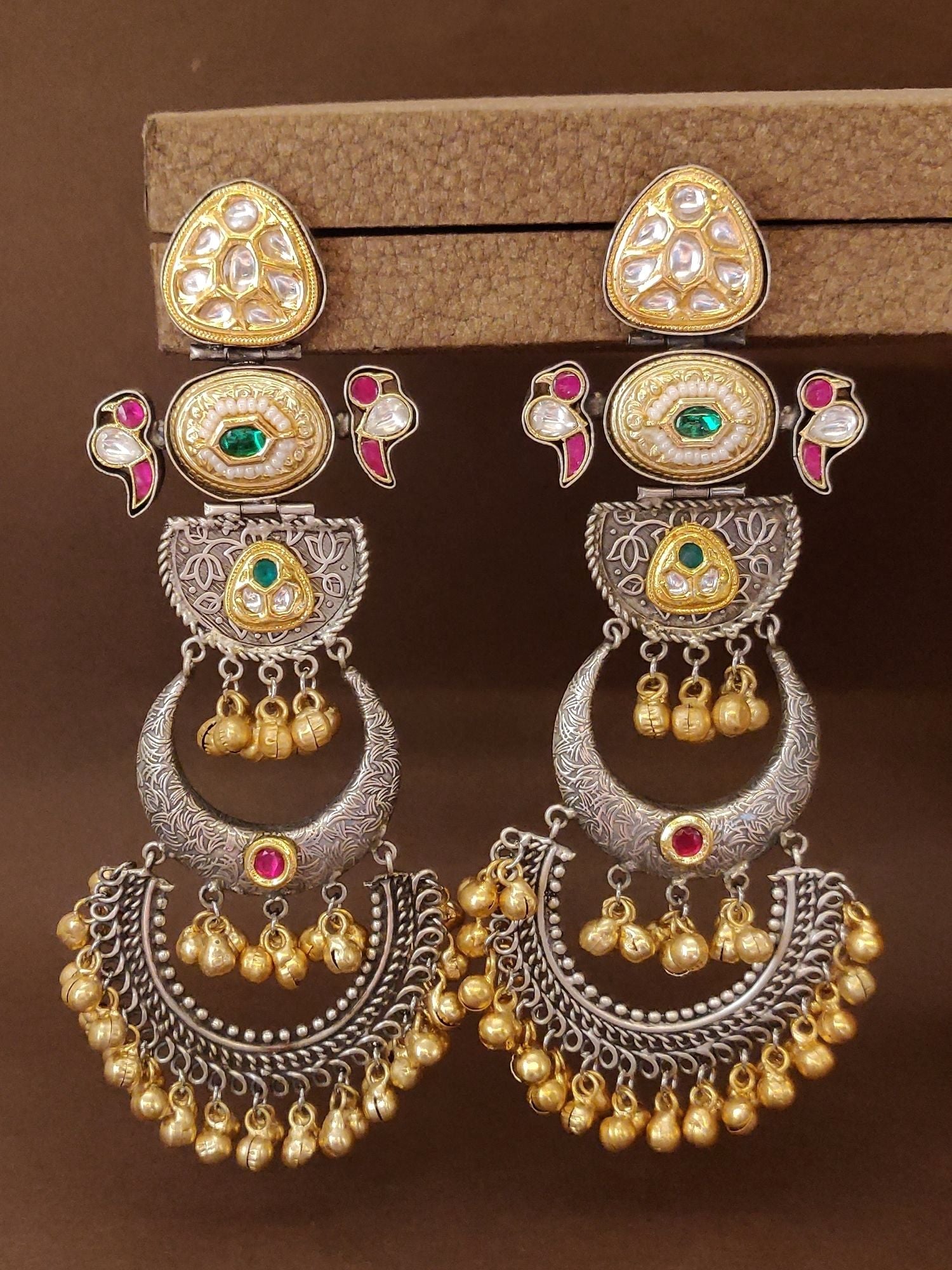 Dual Tone Pachi Kundan Chandbali Earrings by Abdesignsjewellery with intricate gold and silver detailing