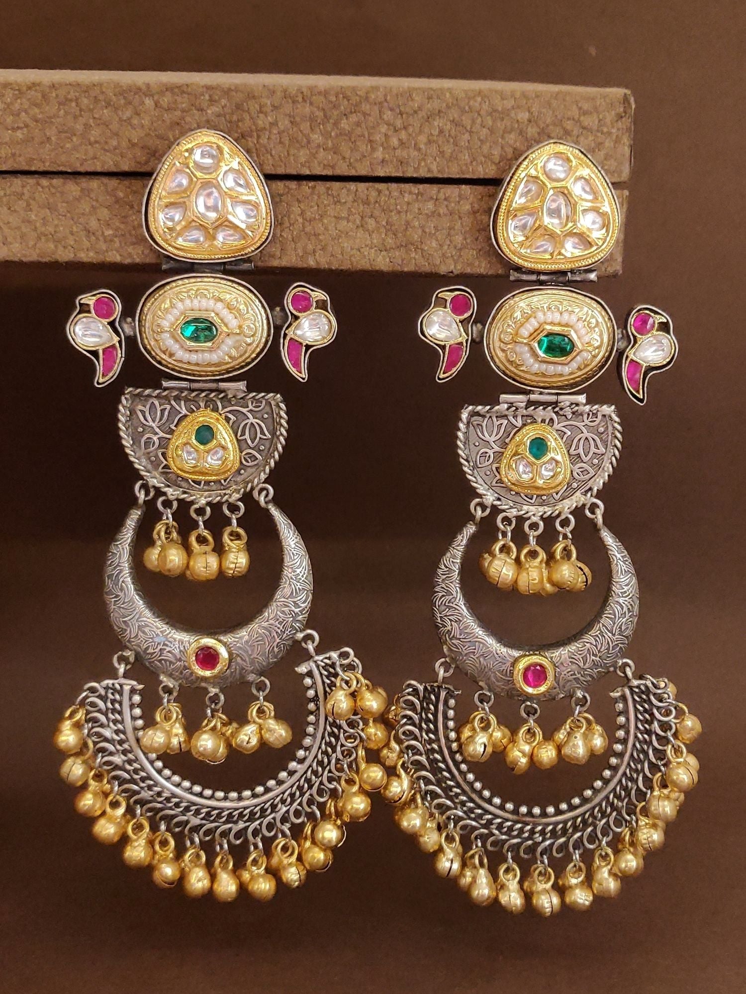 Abdesignsjewellery Long Dual Tone Pachi Kundan Chandbali Earrings with intricate gold and silver detailing