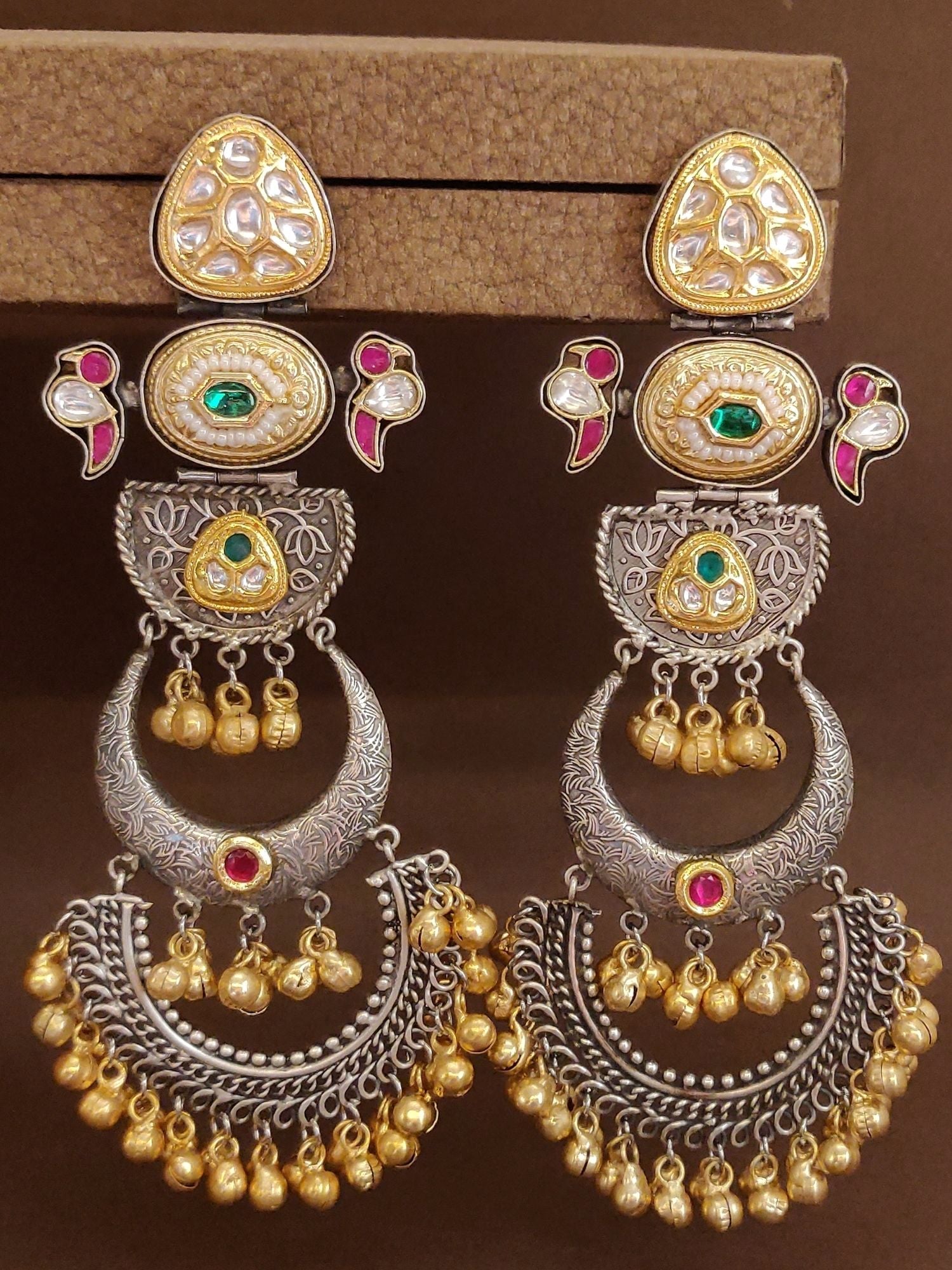 Long Dual Tone Pachi Kundan Chandbali Earrings by Abdesignsjewellery with intricate silver and gold detailing