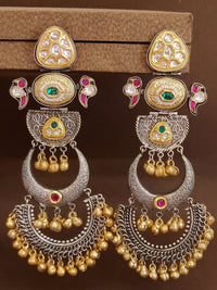 Thumbnail for Long Dual Tone Pachi Kundan Chandbali Earrings by Abdesignsjewellery with intricate silver and gold detailing