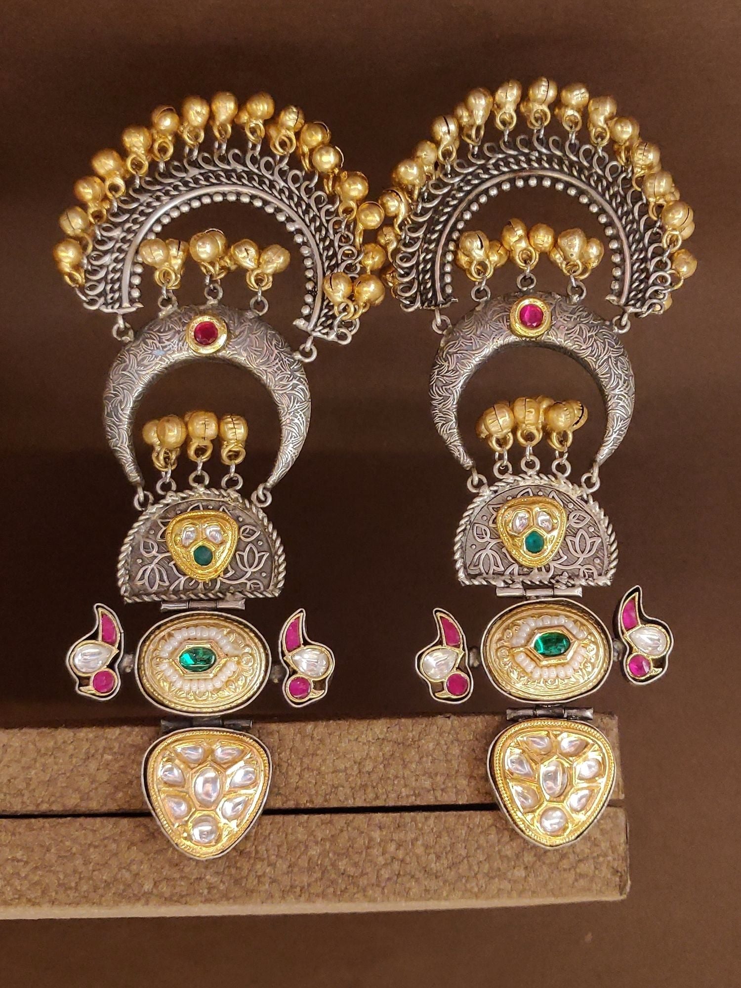 Long Dual Tone Pachi Kundan Chandbali Earrings with intricate gold and silver detailing by Abdesignsjewellery