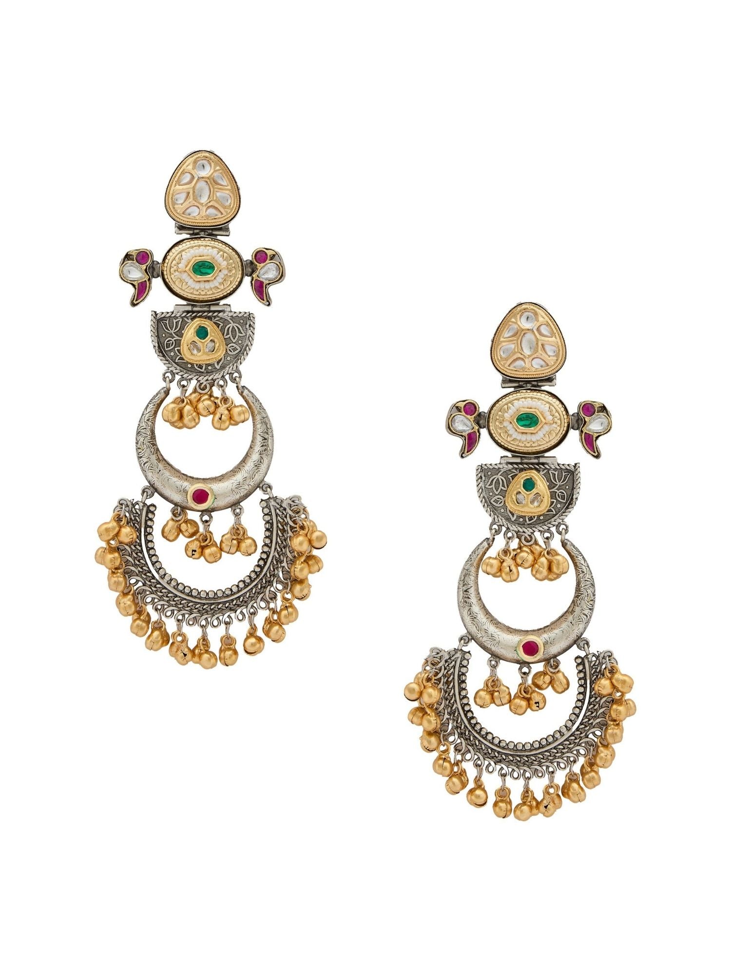 Long Dual Tone Pachi Kundan Chandbali Earrings by Abdesignsjewellery with intricate gold and silver detailing