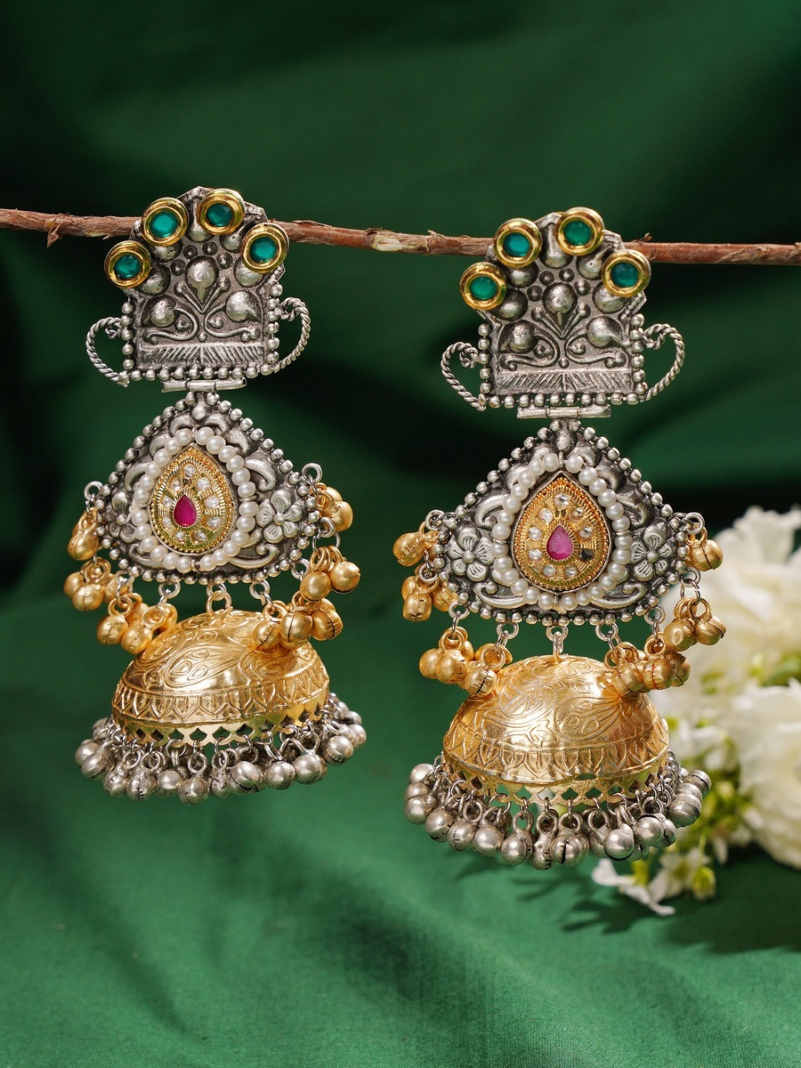 Long DualTone Plated Celebrity Style Jhumka Earrings featuring intricate silver and gold detailing with green and pink accents
