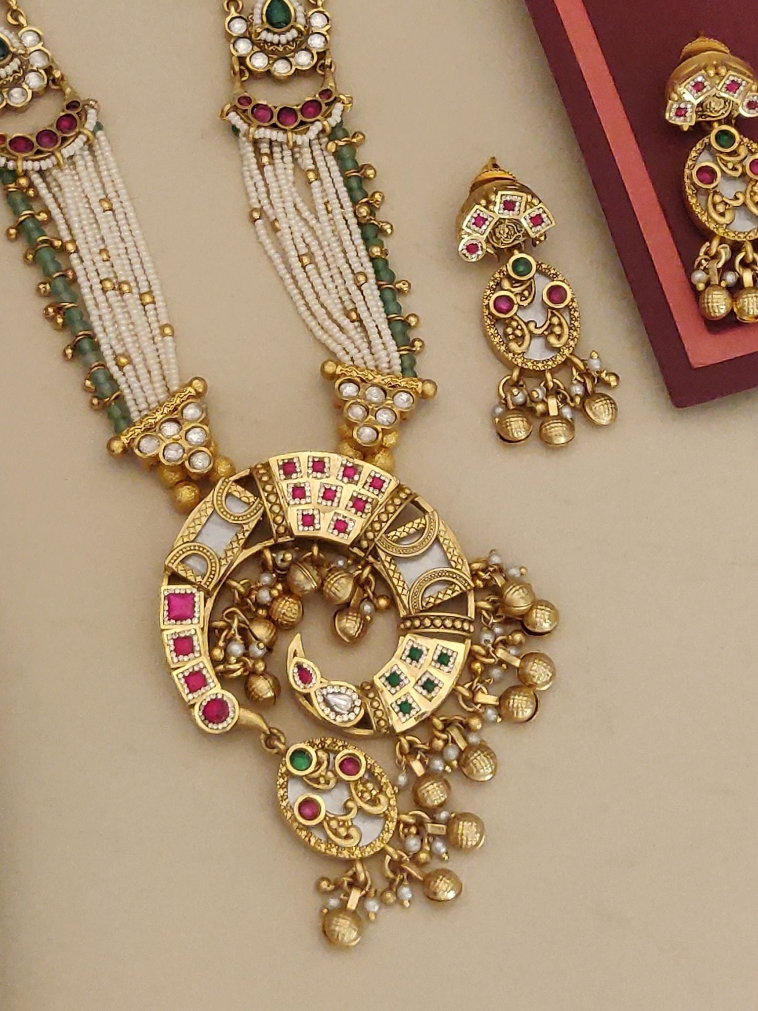 Abdesignsjewellery Long Gold Plated Artificial Stones Beads Necklace Set with intricate pendant and matching earrings