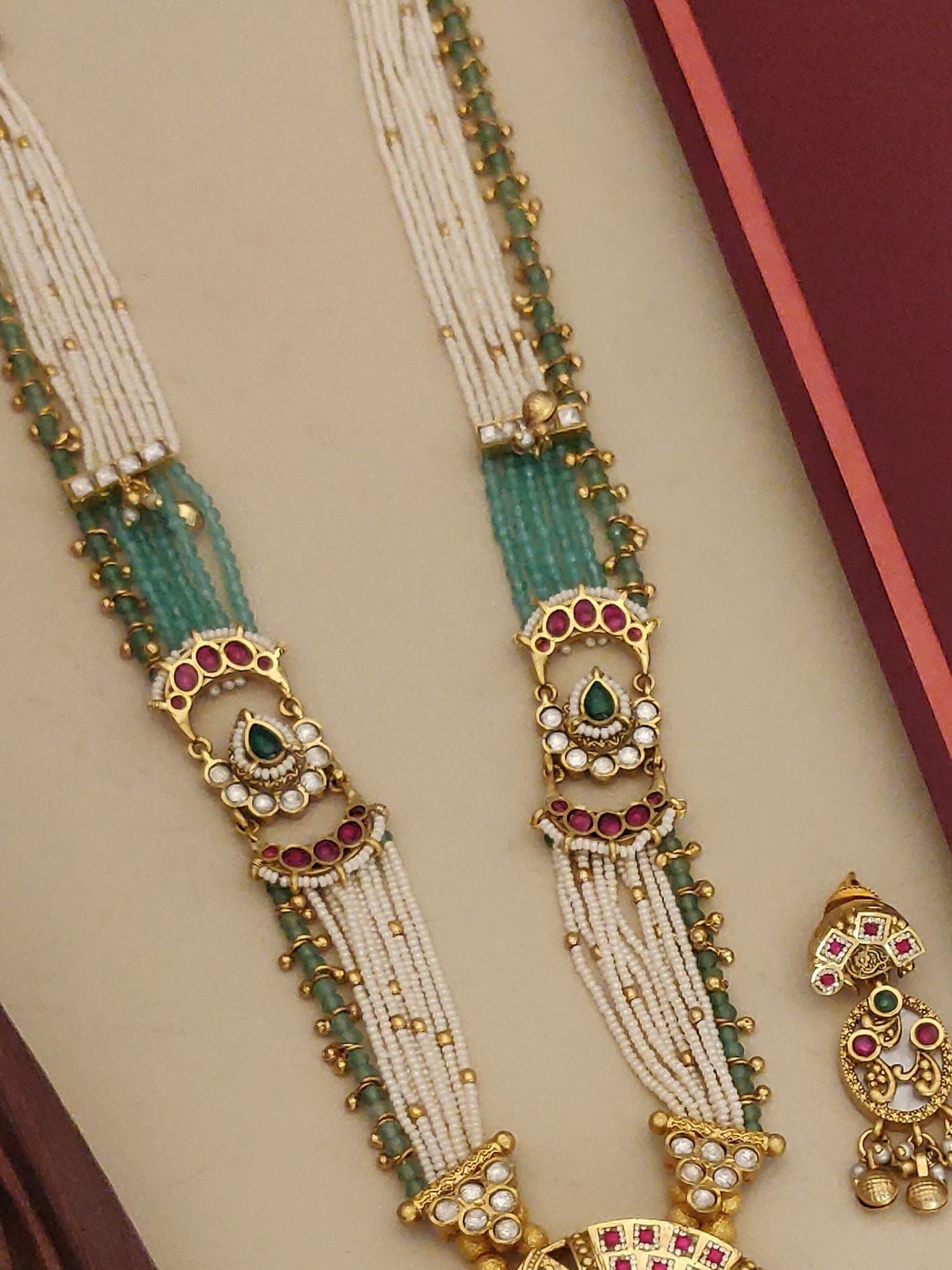 Long Gold Plated Artificial Stones Beads Necklace Set with multi strand white green beads and matching earrings