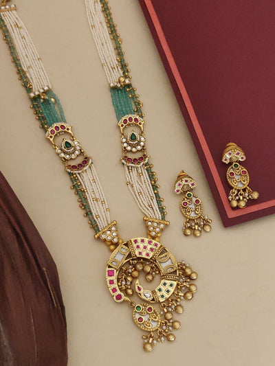 Long Gold Plated Artificial Stones Beads Necklace Set Temple