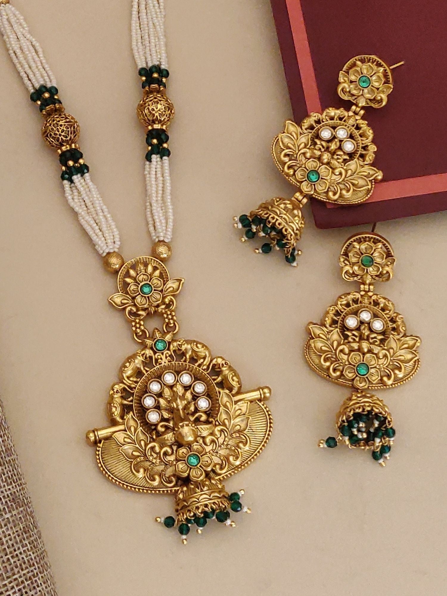 Long Gold Plated Kundan Necklace Set with intricate design and matching earrings for elegant styling