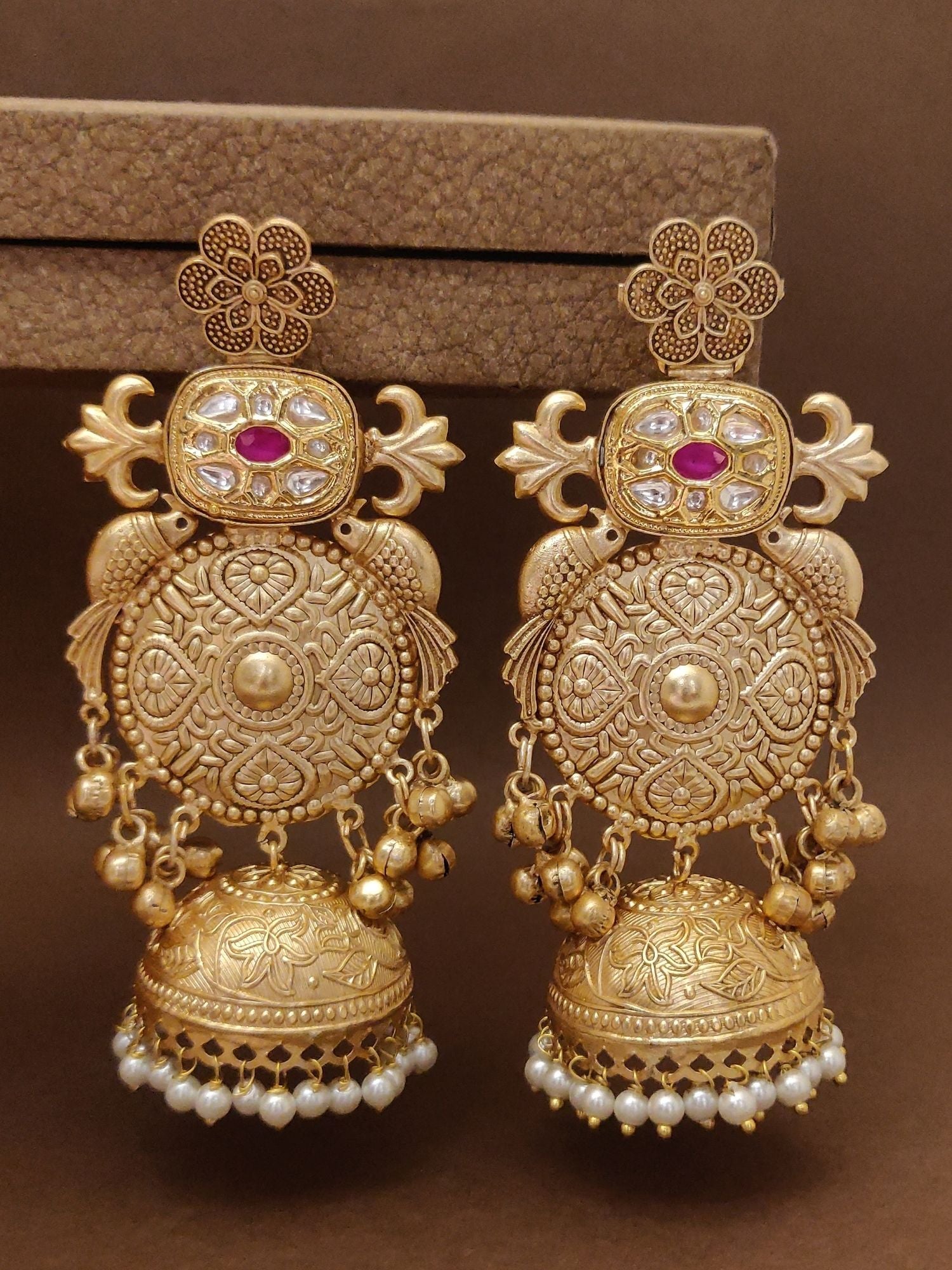 Long Matt Gold Plated Plated Jhumka Earring with intricate design and pearl accents from Abdesignsjewellery