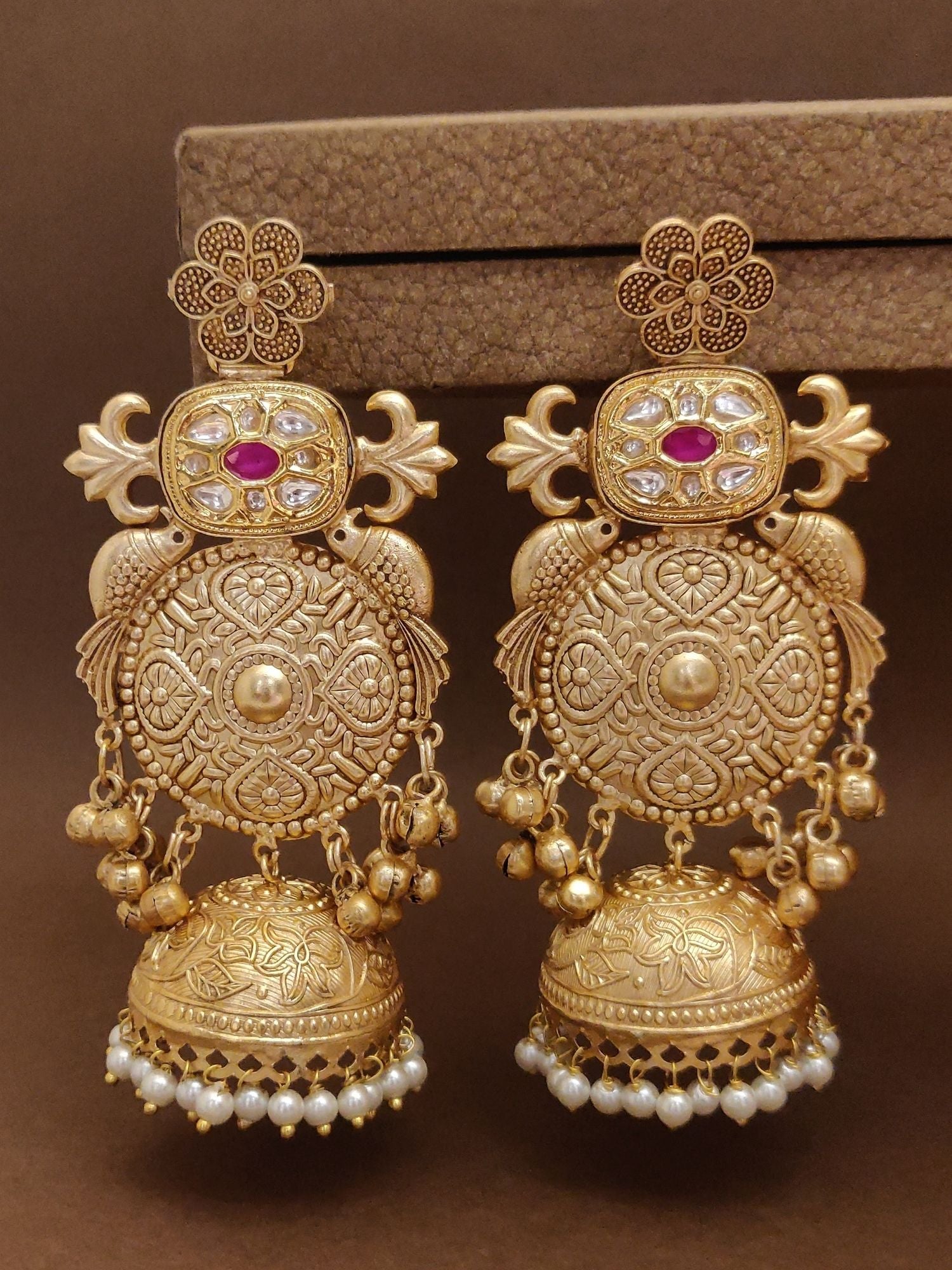 Long Matt Gold Plated Plated Jhumka Earring with intricate design and decorative bells