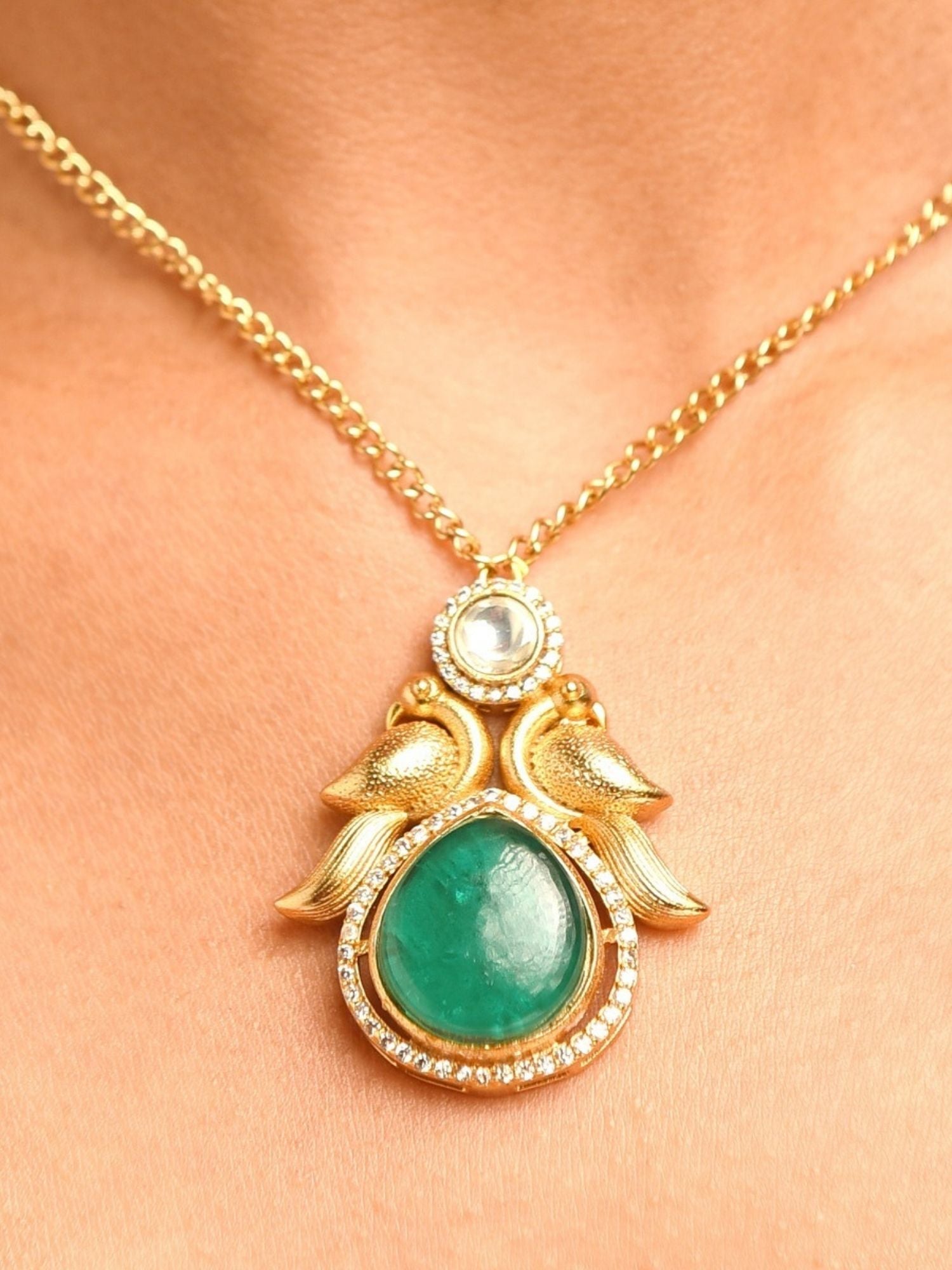 Luxurious Gold Plated Polki Pendant Chain with green stone and bird design by Abdesignsjewellery