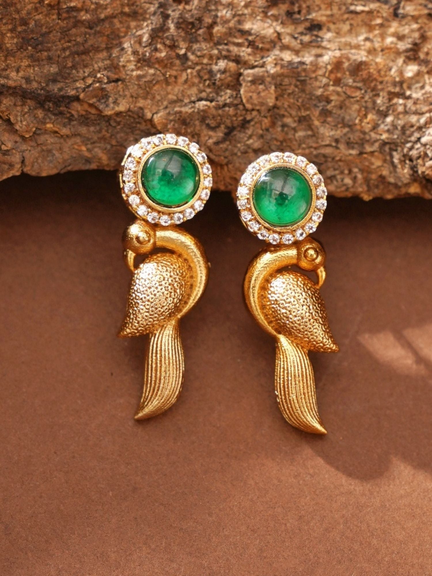 Luxurious Gold Plated Polki Pendant Chain featuring intricate bird-shaped design with green gemstone and diamond accents