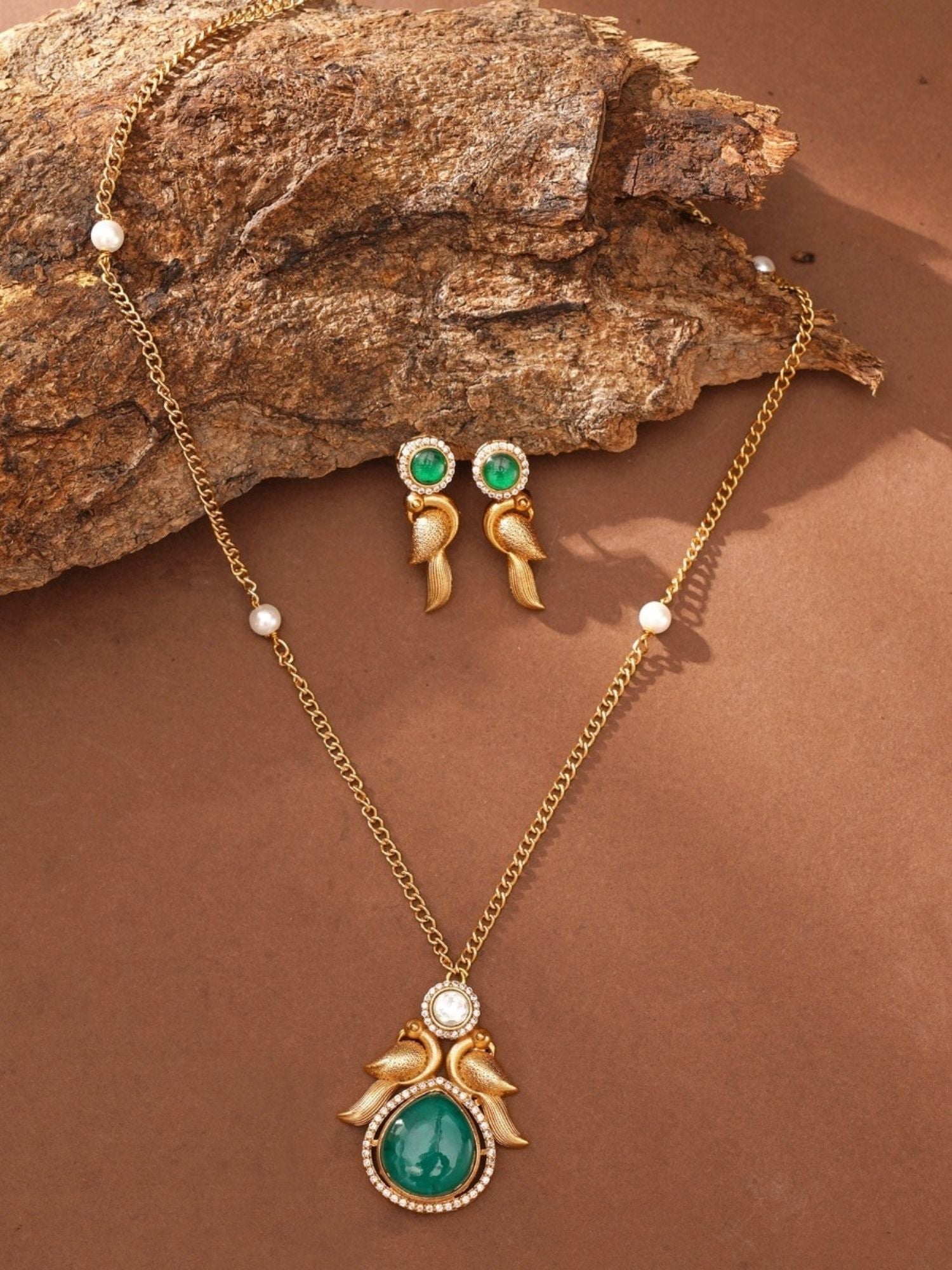 Luxurious Gold Plated Polki Pendant Chain with green stone and matching gold earrings by Abdesignsjewellery