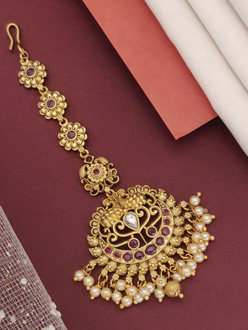 Matt Gold Plated KempStone Maangtikka with intricate design and elegant pearl detailing
