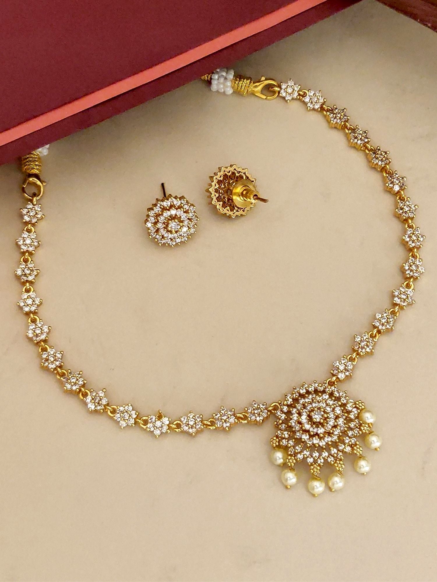 Minimal Gold Plated American Diamond Necklace Set with Intricate Floral Design and Matching Earrings