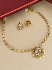 Thumbnail for Minimal Gold Plated American Diamond Necklace Set with Intricate Floral Design and Matching Earrings