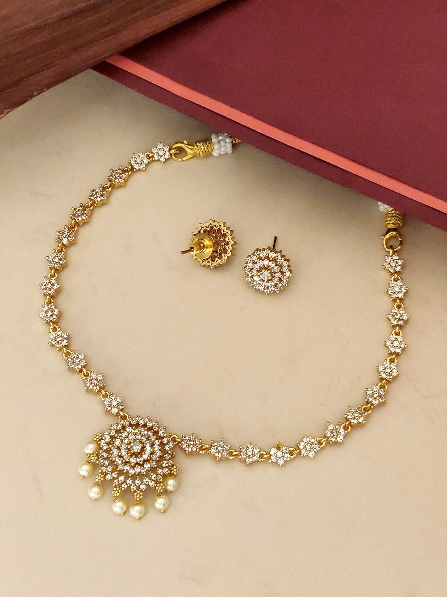 Minimal Gold Plated American Diamond Necklace Set with Intricate Design and Matching Earrings
