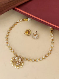 Thumbnail for Minimal Gold Plated American Diamond Necklace Set with Intricate Design and Matching Earrings
