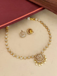 Thumbnail for Minimal Gold Plated American Diamond Necklace Set with floral design and matching earrings