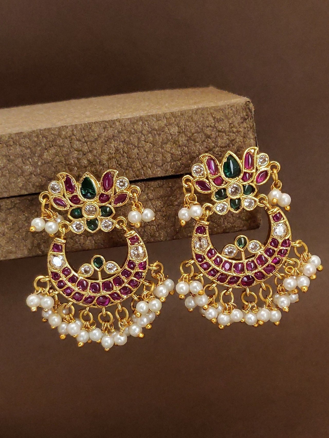Multicolor Kemp Stone Earrings with intricate design and pearl accents for elegant styles