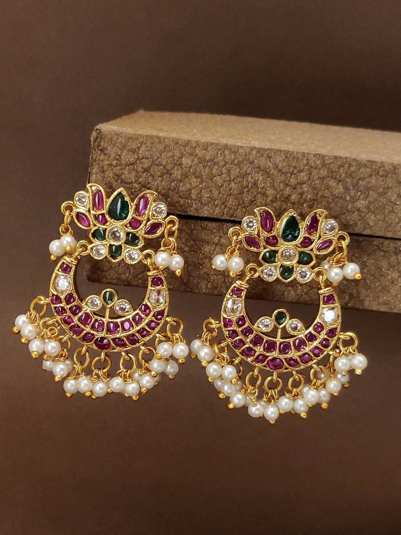 Elegant Multicolor Kemp Stone Earrings with intricate design and pearl accents for a stunning look