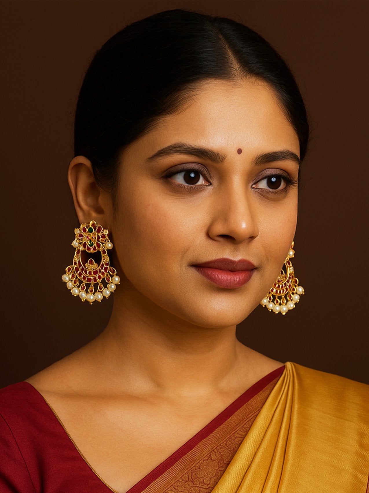 Elegant model wearing Multicolor Kemp Stone Earrings with intricate design and pearl detailing
