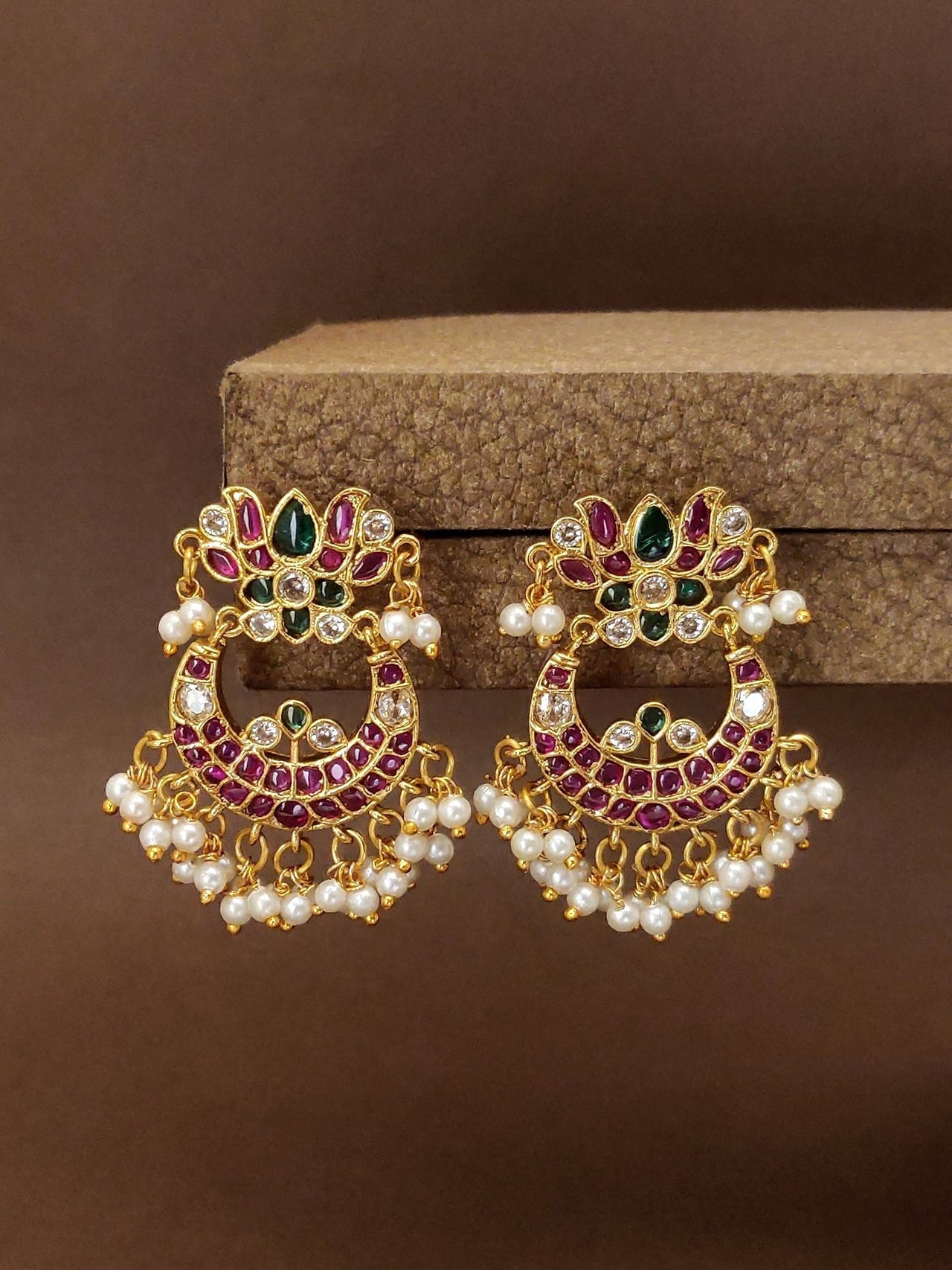 Elegant Multicolor Kemp Stone Earrings with intricate design and pearl accents