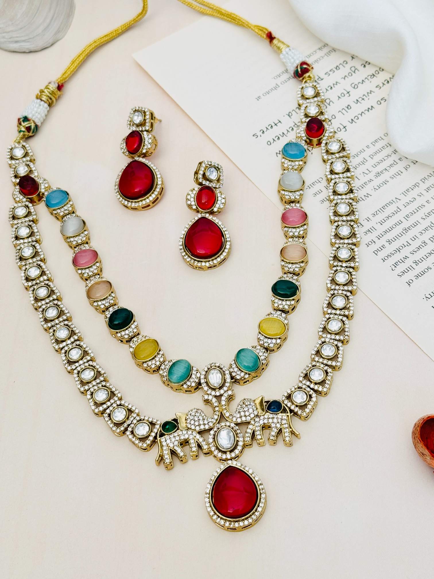 Multicolour Sabyasachi Bridal Necklace with matching earrings featuring colorful stones and intricate gold design