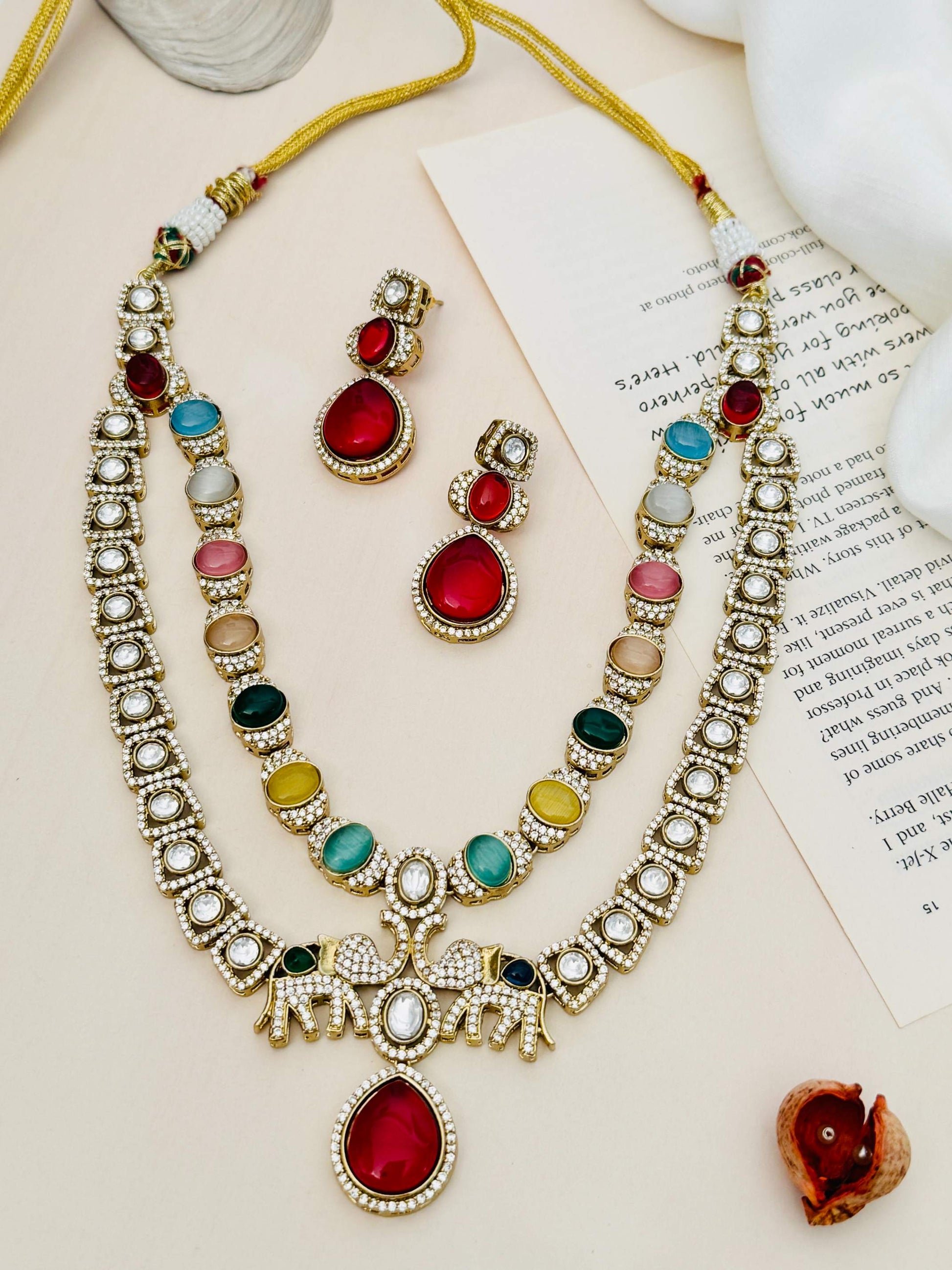 Multicolour Sabyasachi Bridal Necklace with matching earrings featuring vibrant stones and intricate gold detailing
