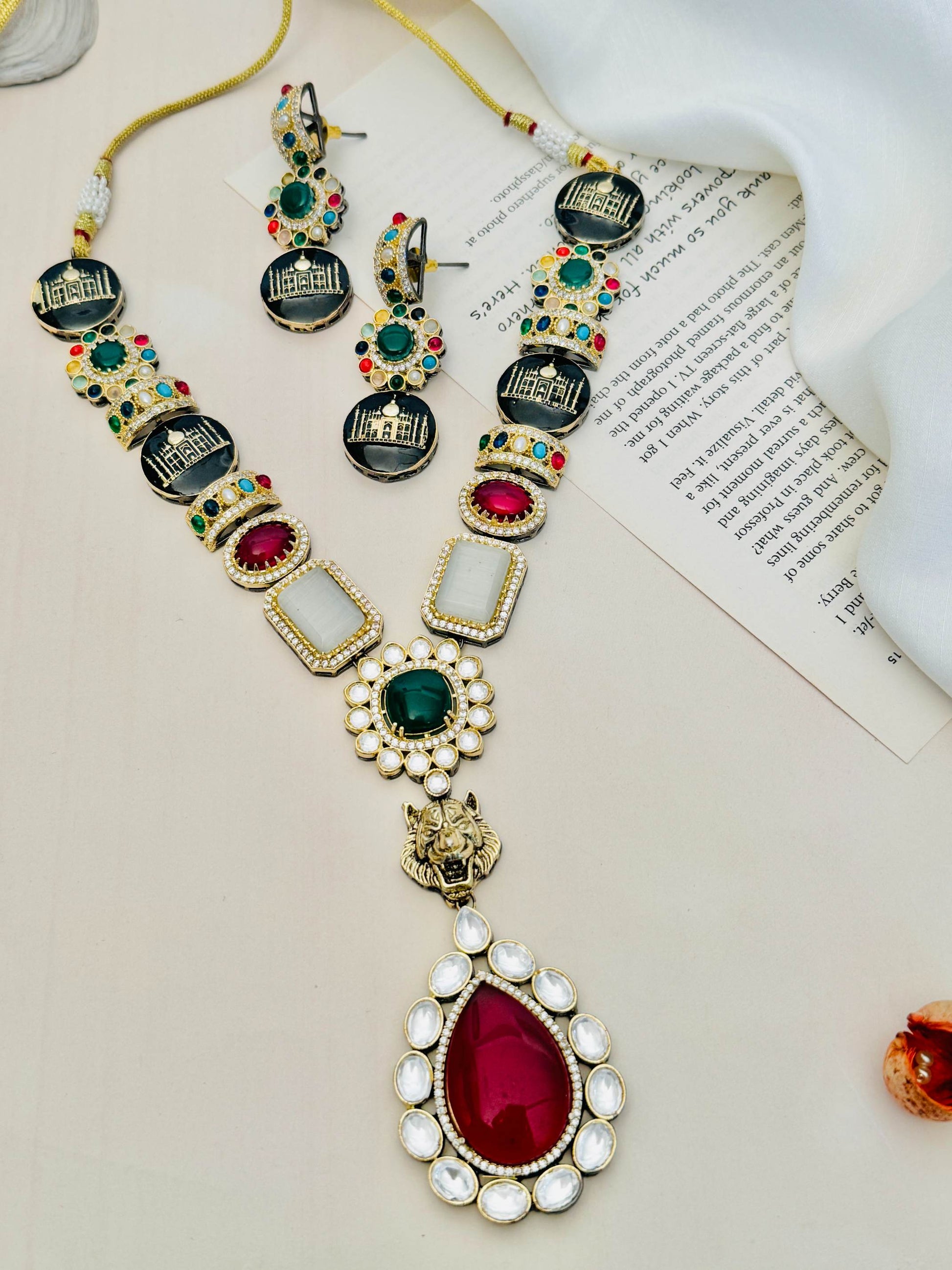 Multicolour Sabyasachi Inspired Necklace Set with intricate gemstones and matching earrings by Abdesignsjewellery