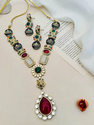 Multicolour Sabyasachi Inspired Necklace Set with intricate gemstones and detailed gold design by Abdesignsjewellery