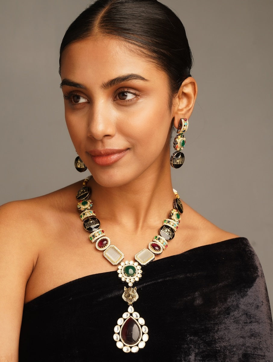 Multicolour Sabyasachi Inspired Necklace Set by Abdesignsjewellery worn by woman in black outfit