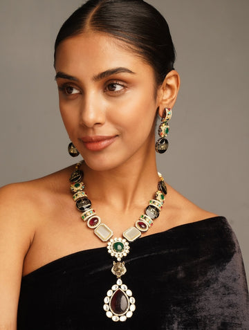 Multicolour Sabyasachi Inspired Necklace Set by Abdesignsjewellery worn by woman in black outfit