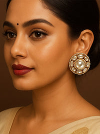 Thumbnail for Elegant model showcasing oversize polki earrings with intricate pearl detailing for a stunning look