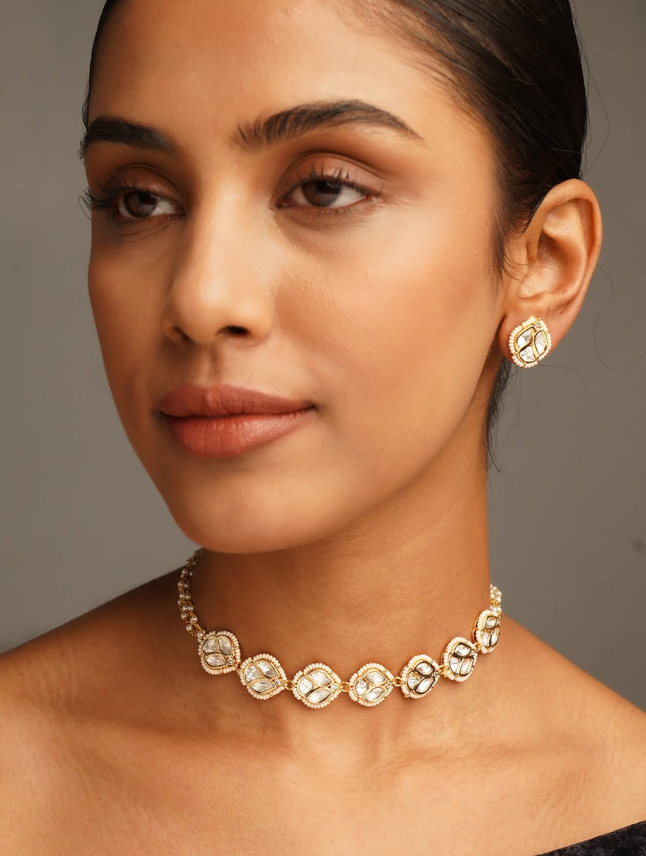 Abdesignsjewellery Party Wear Polki Pearls Necklace Set worn by woman with matching earrings