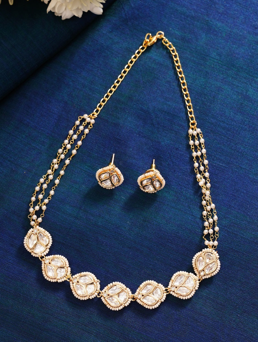 Abdesignsjewellery Party Wear Polki Pearls Necklace Set worn by woman with matching earrings