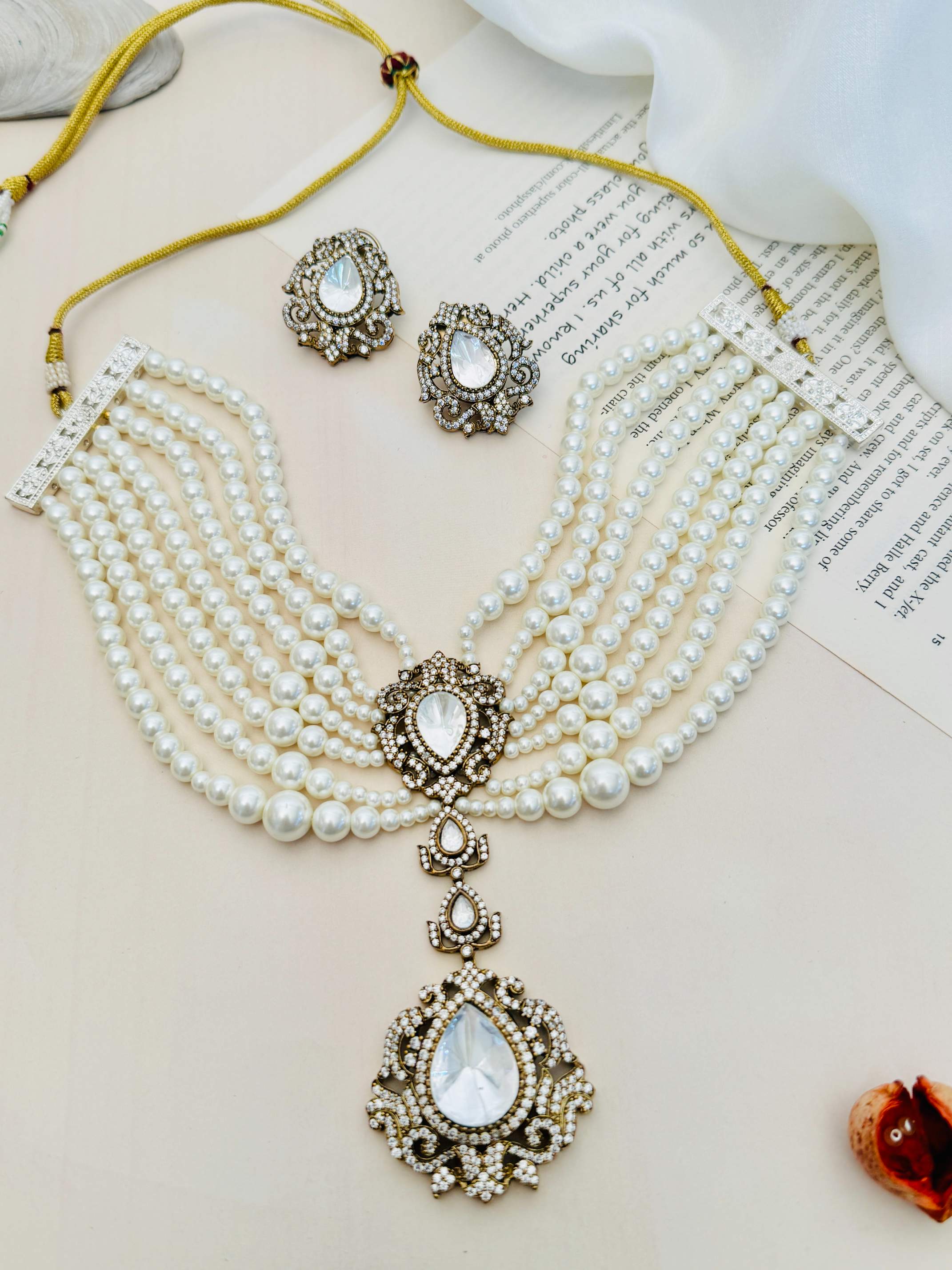 Pearl Choker Diamond Sabyasachi Necklace Set with layered pearls and matching earrings by Abdesignsjewellery