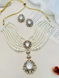 Thumbnail for Pearl Choker Diamond Sabyasachi Necklace Set with layered pearls and matching earrings by Abdesignsjewellery