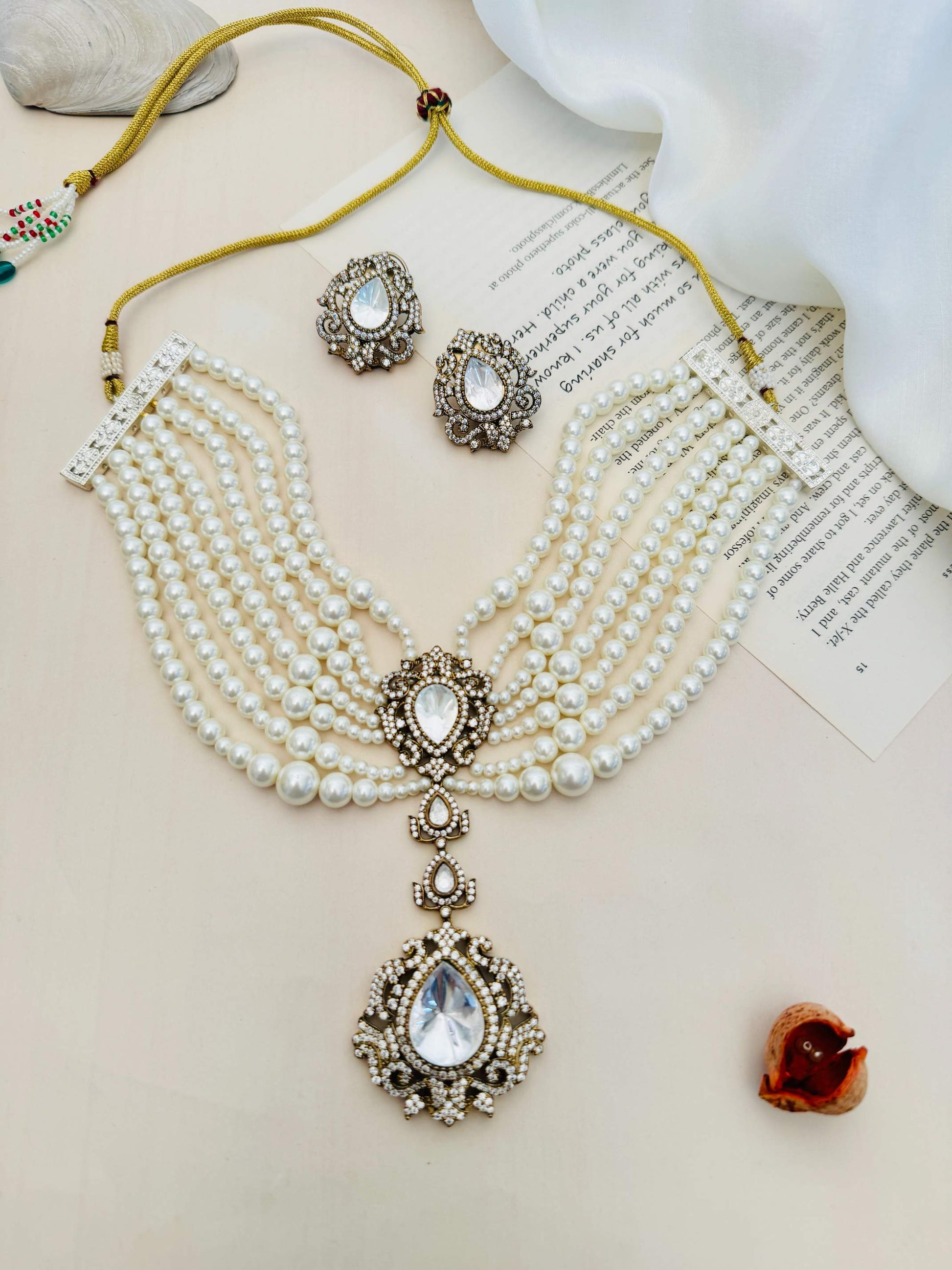 Pearl Choker Diamond Sabyasachi Necklace Set with multiple pearl strands and ornate diamond centerpiece by Abdesignsjewellery