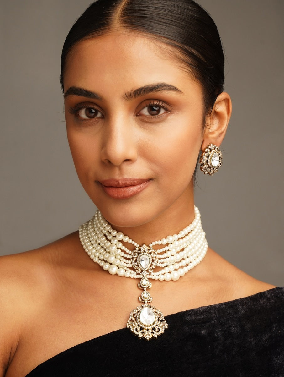 Pearl Choker Diamond Sabyasachi Necklace Set on woman with matching earrings by Abdesignsjewellery