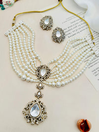 Thumbnail for Pearl Choker Diamond Sabyasachi Necklace Set featuring multi-strand pearls with intricate diamond accents and matching earrings