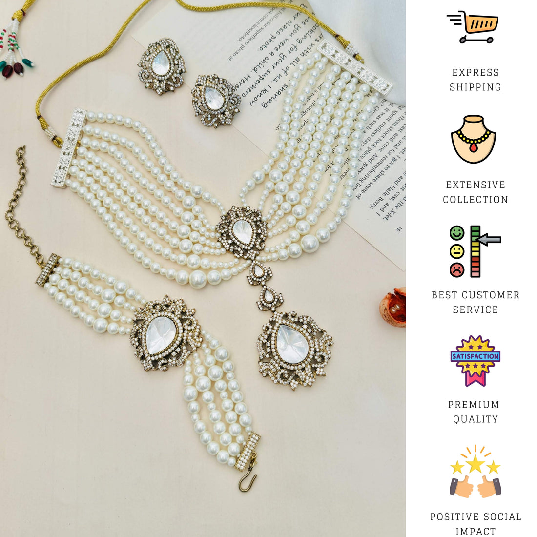 Pearl Choker Diamond Sabyasachi Necklace Set on woman with matching earrings by Abdesignsjewellery